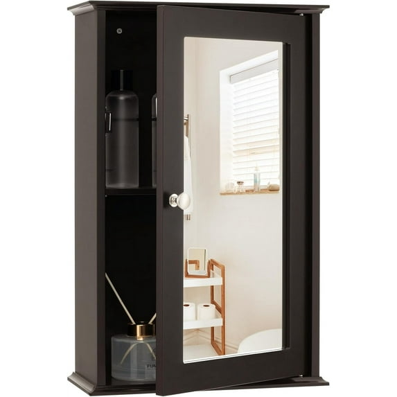 LOKO Bathroom Medicine Cabinet with Mirror, Wall Mounted Storage Cabinet with Single Mirrored Door and Adjustable Shelf for Bathroom, Living Room or Entryway, 13.5 x 6 x 21 inches (Brown)