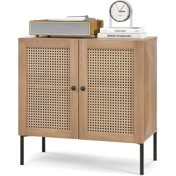 LOKO Buffet Cabinet with Rattan Door, Sideboard Storage Cabinet with 3-Position Adjustable Shelf, Elevated Metal Legs, Freestanding Coffee Bar Cabinet for Kitchen, Hallway, Entryway, Living Room