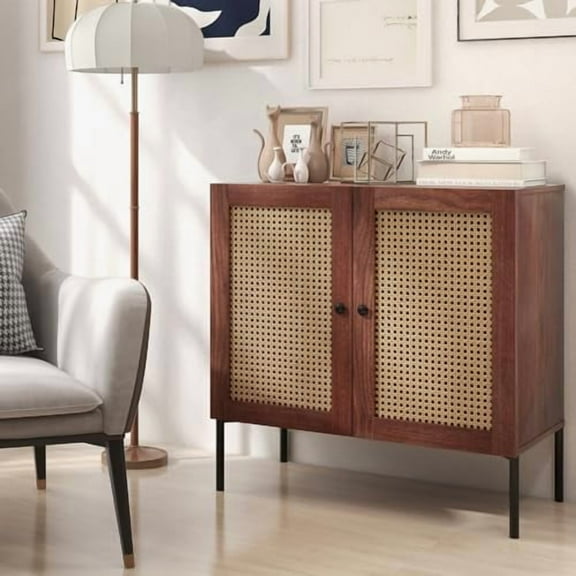 LOKO Buffet Cabinet with Rattan Door, Sideboard Storage Cabinet with 3-Position Adjustable Shelf, Elevated Metal Legs, Freestanding Coffee Bar Cabinet for Kitchen, Hallway, Entrywa