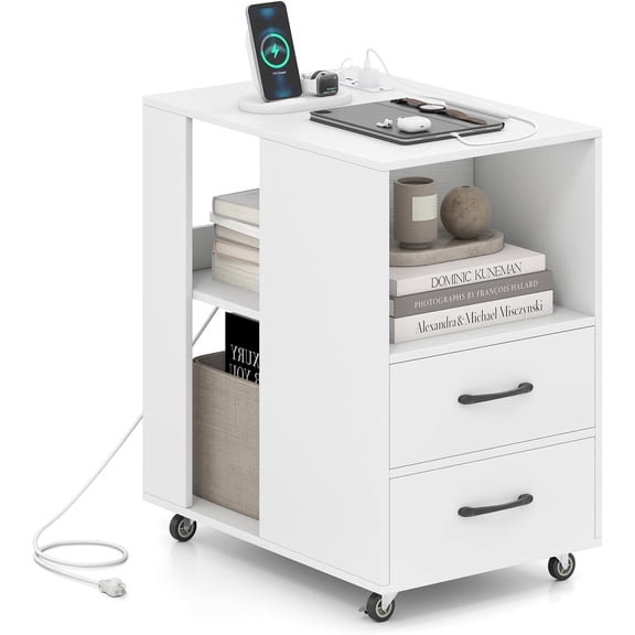LOKO End Table with Charging Station, 2 Drawers, Lockable Wheels (1, White) | Magazine Holder, Open Shelf, Spacious Countertop, Modern Nightstand, Rolling Sofa Side Bedside Table for Living Room