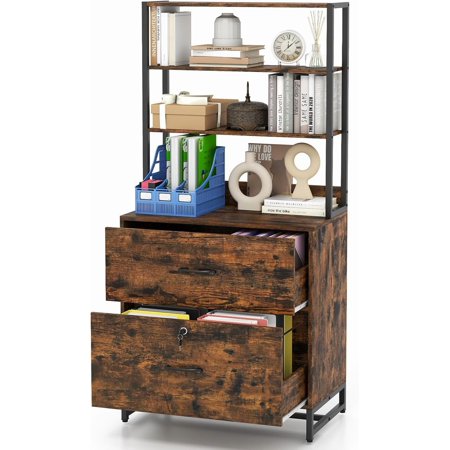 LOKO File Cabinet, 2 Drawer File Cabinet with Open Shelves & Anti-toppling Device, Industrial Lateral File Cabinet with Lock for Letter Size File Folders, Rustic Large Printer Stand, Rustic Brown