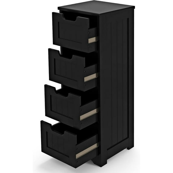 LOKO Floor Storage Cabinet with 4 Drawers, Bathroom Cabinet with Anti-toppling Device, Multifunctional Floor Cabinet for Bathroom, Living Room, Kitchen, 12 x 12 x 32 inches (Black)