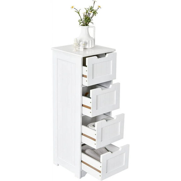 LOKO Floor Storage Cabinet with 4 Drawers, Bathroom Cabinet with Anti-toppling Device, Multifunctional Floor Cabinet for Bathroom, Living Room, Kitchen, 12 x 12 x 32 inches (White)