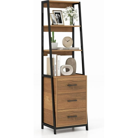 LOKO Industrial Ladder Bookshelf, Freestanding 4-Tier Bookcase with 3 Drawers & Metal Frame, 69” Tall Wooden Storage Organizer for Living Room, Office, Study Room & Entryway (Brown)