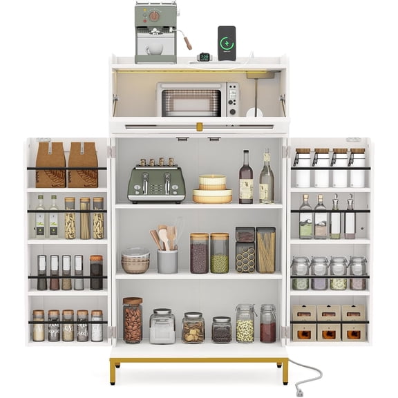 LOKO Kitchen Pantry Cabinet, Freestanding Food Storage Cupboard with Power Outlet & APP Control LED Lights, Modern Buffet Sideboard with Acrylic Flip Door & Shelves for Dining Room, White and Gold