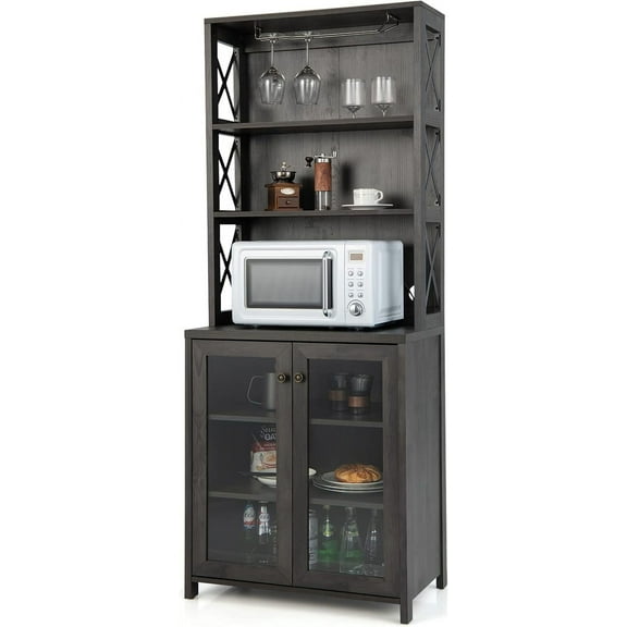 LOKO Kitchen Pantry Storage Cabinet, Farmhouse Buffet Hutch with Stemware Rack, Microwave Countertop & Tempered Glass Doors, 67.5" Freestanding Kitchen Hutch with Adjustable Shelf