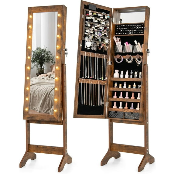 LOKO LED Mirror Jewelry Cabinet, Lockable Jewelry Organizer with 20 LED Lights, Full-Length Mirror, 4 Adjustable Angles, Built-in Mirror, Floor Standing Jewelry Armoire for Bedroom (Rustic Brown)