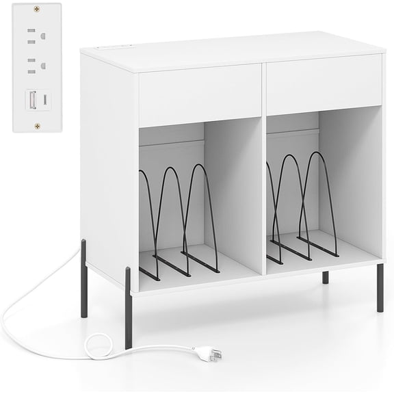 LOKO Large Record Player Stand with Charging Station, Vinyl Record Holder with Storage Compartments & 2 Drawers, Turntable Display Stand with Metal Legs for Living Room, Bedroom, Office (White)