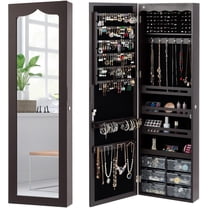 LOKO Lockable Wall-Mounted Mirror Jewelry Cabinet, Tall Jewelry Organizer with 5 LEDs, Large Capacity Jewelry Armoire with Full Length Mirror and 6 Drawers for Women Girls (Brown)