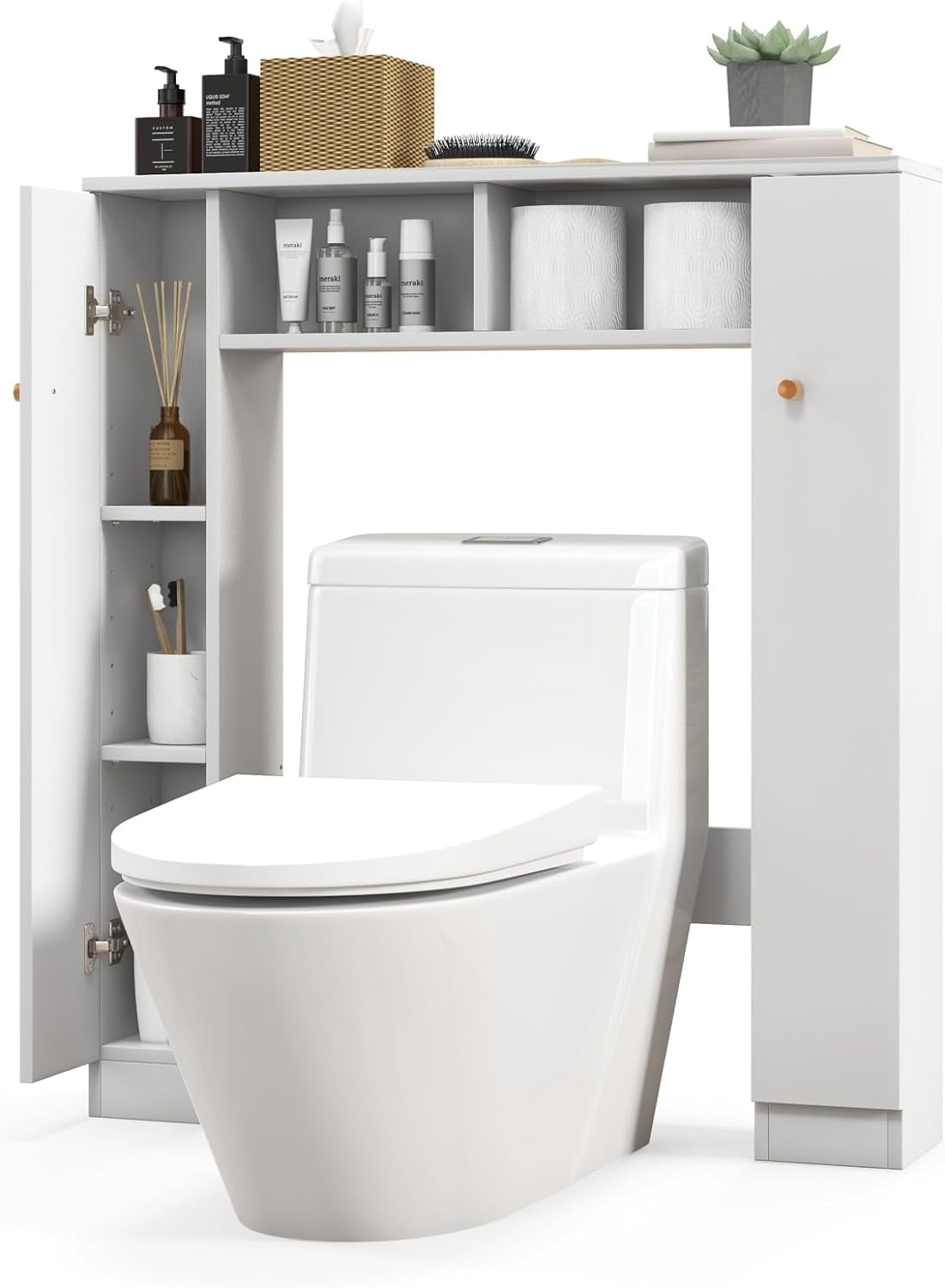 White Adjustable Over-the-Toilet Storage Cabinet with Double Doors