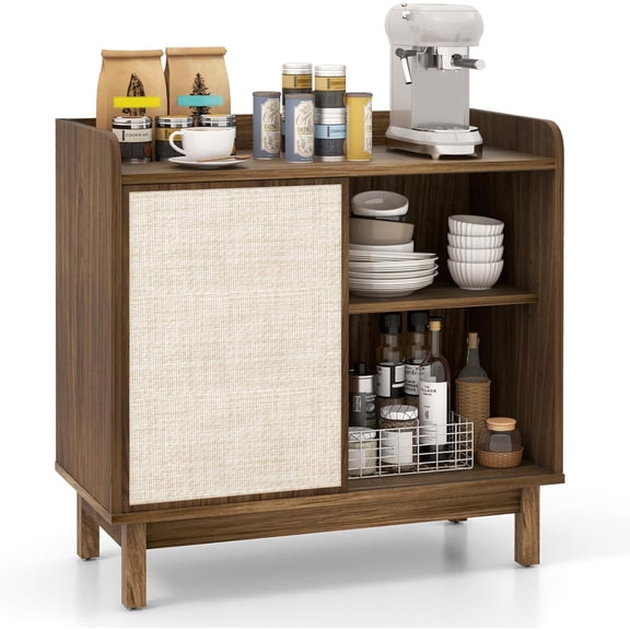 LOKO Rattan Buffet Cabinet, Mid Century Floor Storage Cabinet with Sliding Door & Adjustable Shelves, Kitchen Sideboard Cupboard for Living Room, Entryway, Walnut (1)