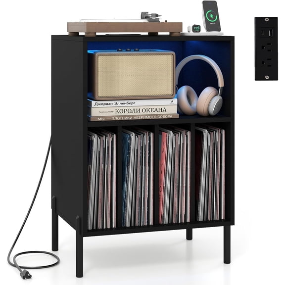 LOKO Record Player Stand with LED Lights, Turntable Stand with Charging Station, Vinyl Storage Holder with Sturdy Metal Legs, Album Display Shelf for Living Room, Bedroom (Black)