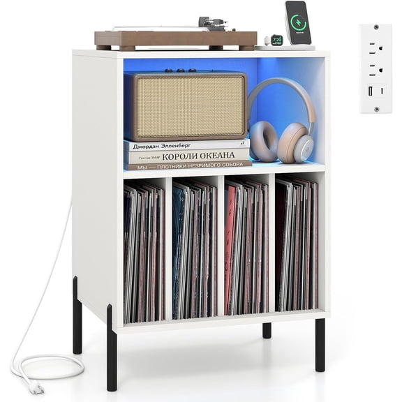 LOKO Record Player Stand with LED Lights, Turntable Stand with Charging Station, Vinyl Storage Holder with Sturdy Metal Legs, Album Display Shelf for Living Room, Bedroom (White)