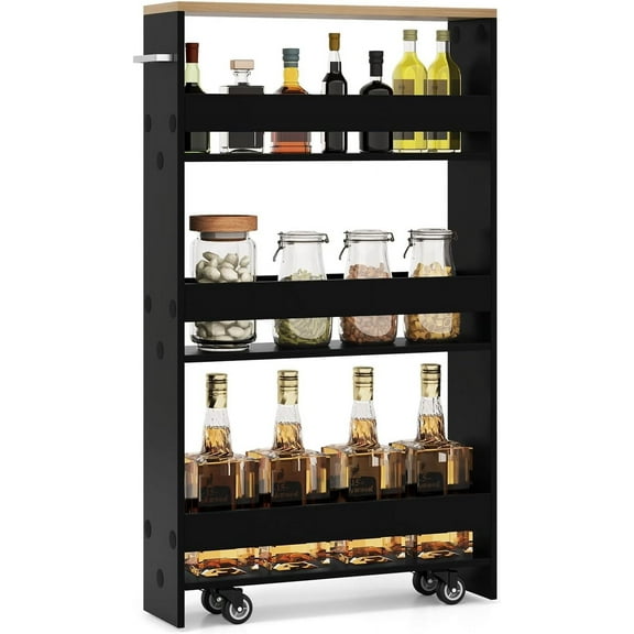 LOKO Slim Storage Cart, 4-Tier Rolling Cart with Handle & Wooden Top for Kitchen Bathroom Laundry Living Room Narrow Small Spaces, 5 Inches Width (Black & Natural)