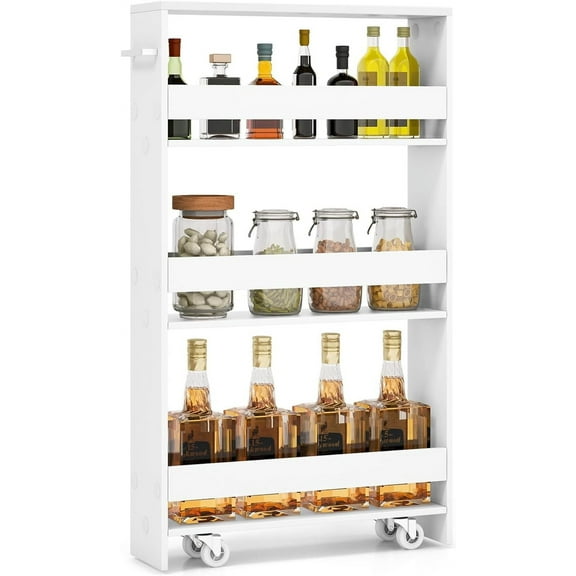 LOKO Slim Storage Cart, 4-Tier Rolling Cart with Handle & Wooden Top for Kitchen Bathroom Laundry Living Room Narrow Small Spaces, 5 Inches Width (Plain White)
