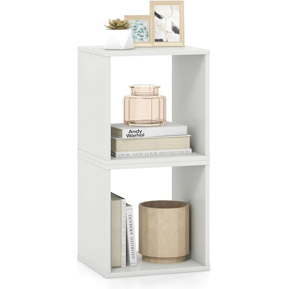 LOKO Stackable 2 Cube Storage Organizer, Freestanding Cubby Storage Bookcase with Anti-toppling Device, 2-Tier Bookshelf, Combinable Record Player Stand for Living Room Bedroom Study (1, White)