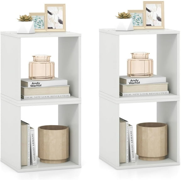 LOKO Stackable 2 Cube Storage Organizer Set of 2, Freestanding Cubby Storage Bookcase with Anti-toppling Device, 2-Tier Bookshelf, Combinable Record Player Stand for Living Room Study (2, White)