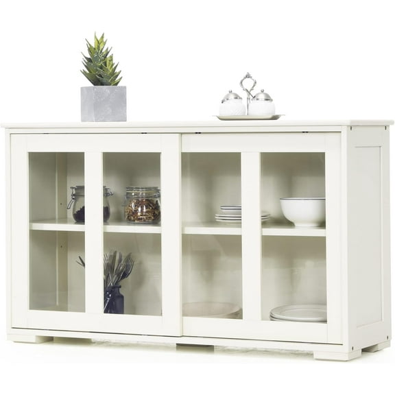 LOKO Stackable Buffet Cabinet, Kitchen Storage Cabinet with Sliding Tempered Glass Doors, Small Sideboard for Kitchen, Dining Room or Living Room, 42 x 13 x 24.5 inches (Cream White)