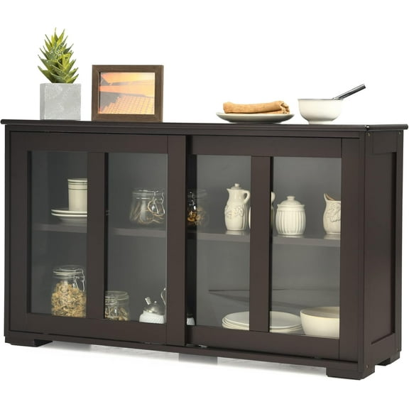 LOKO Stackable Buffet Cabinet, Kitchen Storage Cabinet with Sliding Tempered Glass Doors, Small Sideboard for Kitchen, Dining Room or Living Room, 42 x 13 x 24.5 inches (Espresso)