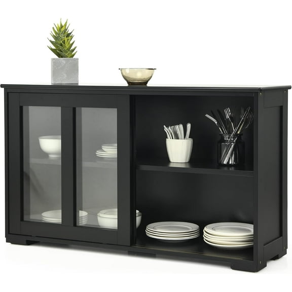 LOKO Stackable Buffet Cabinet, Kitchen Storage Cabinet with Sliding Tempered Glass Doors, Small Sideboard for Kitchen, Dining Room or Living Room, 42 x 13 x 24.5 inches (Black)