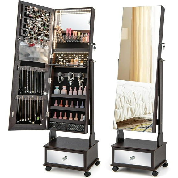 LOKO Standing Jewelry Armoire with Wheels, Lockable Jewelry Organizer with Full-Length Mirror, Vanity Mirror, 3-Color LED Lights, Jewelry Cabinet with Adjustable Angles for Bedroom (Brown)