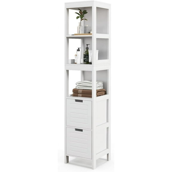 LOKO Tall Bathroom Storage Cabinet, Wooden Slim Bathroom Cabinet with Anti-toppling Device, Tall Narrow Storage Cabinet with 2 Removable Drawers, White