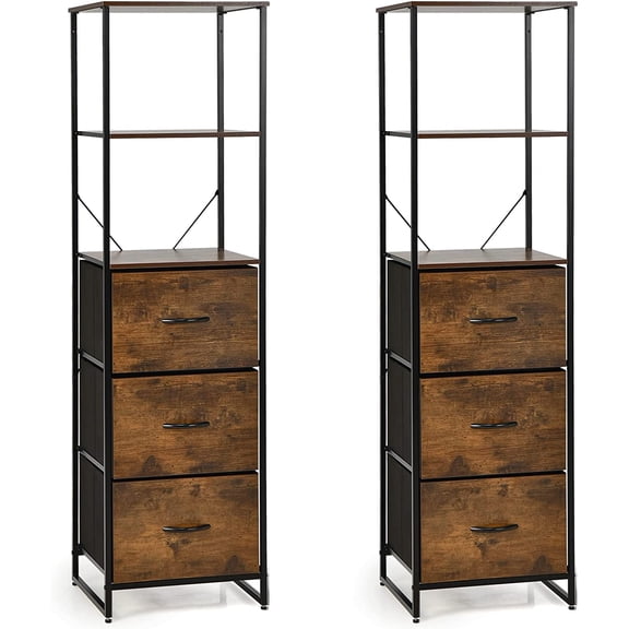 LOKO Tall Floor Storage Cabinet Set of 2,  Skinny Floor Cabinet with 3 Fabric Drawers, Rustic Tall Narrow Storage Cabinet with Adjustable Footpads, 17 x 15 x 61.5 inches