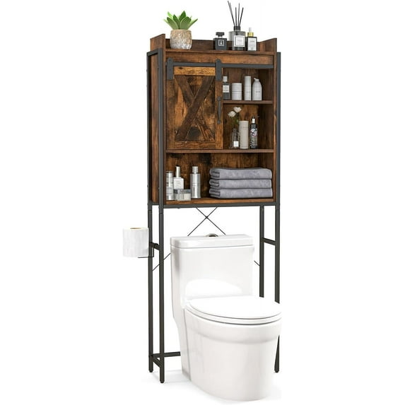LOKO Over The Toilet Storage Cabinet, Freestanding Bathroom Space Saver with Adjustable Shelves & Sliding Barn Door, 4-Tier Over Toilet Bathroom Organizer, 25 x 9.5 x 67.5 inches (Rustic Brown)