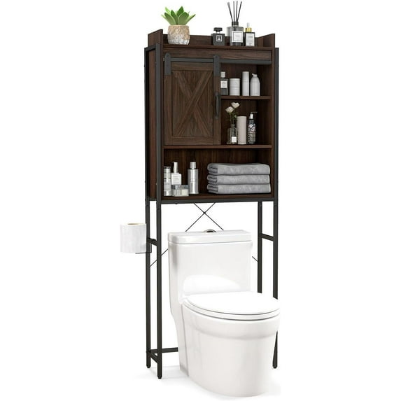 LOKO Over The Toilet Storage Cabinet, Freestanding Bathroom Space Saver with Adjustable Shelves & Sliding Barn Door, 4-Tier Over Toilet Bathroom Organizer, 25 x 9.5 x 67.5 inches (Espresso)