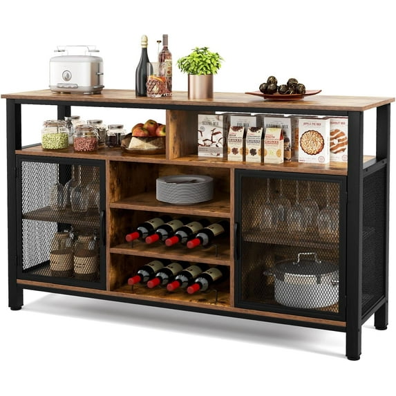 LOKO Wine Bar Cabinet, Kitchen Buffet Sideboard with 8-Bottle Wine Racks & Glass Holders, Coffee Bar Cabinet with Storage, Liquor Cabinet, TV Stand for Dining Room, Living Room (Brown)