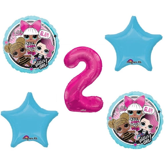 L.O.L. Balloon Bouquet 2nd Birthday Party Hot Pink Number 2 Jumbo 5 Piece Balloons Set