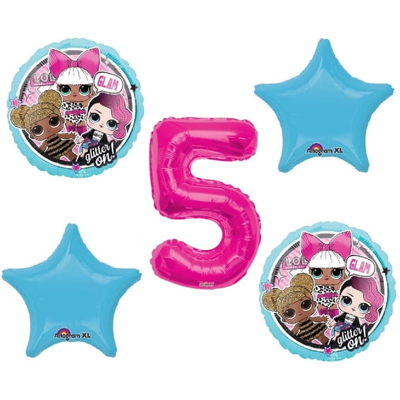 LOL Balloon Bouquet 5th Birthday Party Hot Pink Number 5 Jumbo 5 Piece Balloons Set