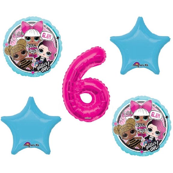 L.O.L. Balloon Bouquet 6th Birthday Party Hot Pink Number 6 Jumbo 5 Piece Balloons Set