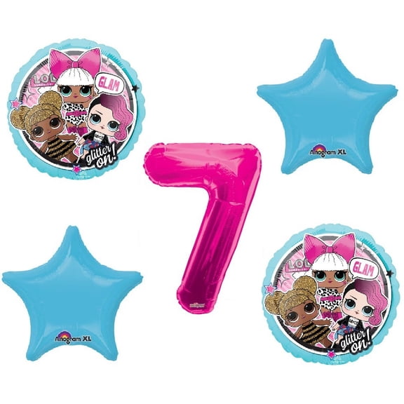 L.O.l. Balloon Bouquet 7th Birthday Party Hot Pink Number 7 Jumbo 5 Piece Balloons Set