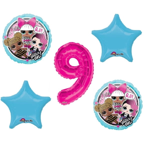 L.O.L. Balloon Bouquet 9th Birthday Party Hot Pink Number 9 Jumbo 5 Piece Balloons Set