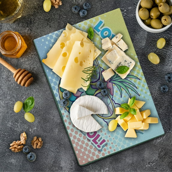 LOL Cutting Board, Colorful Dotted Composition with Pineapple Wearing Sunglasses Love Cool and Lol Texts, Decorative Tempered Glass Cutting and Serving Board, in 3 Sizes, by Ambesonne