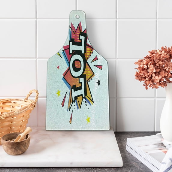 LOL Cutting Board, Comic Cartoon Style Speech Bubble with LOL Text Halftone Background with Colorful Stars, Decorative Tempered Glass Cutting and Serving Board, in 3 Sizes, by Ambesonne