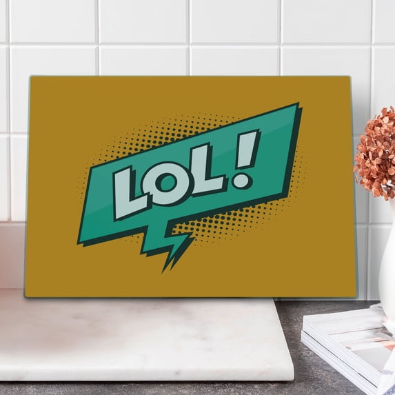 LOL Cutting Board, Retro Styled Text with Speech Bubble Halftone Dots Illustration, Decorative Tempered Glass Cutting and Serving Board, in 3 Sizes, by Ambesonne