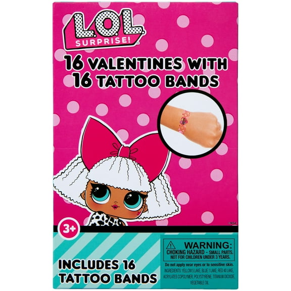 LOL Dolls Valentine Exchange Cards, Temporary Tattoo Bands, Paper, Multi-Color, 16 Count