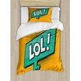 thumbnail image 1 of LOL Duvet Cover Set Twin Size, Retro Styled Text with Speech Bubble Halftone Dots Illustration, Decorative 2 Piece Bedding Set with 1 Pillow Sham, Orange Sea Green White Dark Teal, by Ambesonne, 1 of 3