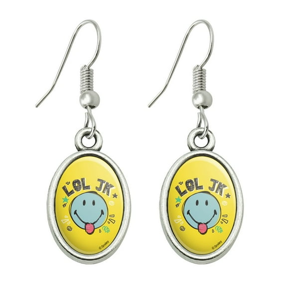LOL JK Smiley Face Tongue Just Kidding Laugh Out Loud Officially Licensed Novelty Dangling Drop Oval Charm Earrings