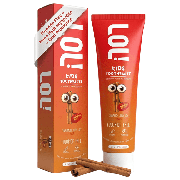 LOL Kids Fluoride-Free Toothpaste with Nano Hydroxyapatite, Probiotics, Vitamins A, C, E | Safe if Swallow, 100% Natural Whitening, No SLS, No Artificial Colors (3.5oz, Cinnamon Jelly Joy)
