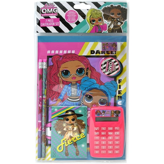LOL OMG 7pc Calculator Set in Bag w/header- PENCIL, NOTEPAD, ERASER, SHARPENER, & STICKER
