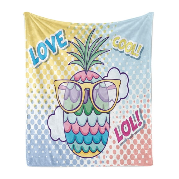 LOL Soft Flannel Fleece Blanket, Colorful Dotted Composition with Pineapple Wearing Sunglasses Love Cool and Lol Texts, Cozy Plush for Indoor and Outdoor Use, 50" x 70", Multicolor, by Ambesonne