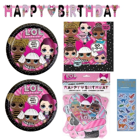 LOL Surprise Birthday Party Supplies Bundle Includes 16 Paper Plates 9", 16 Paper Napkins, 1 Happy Birthday Banner, 1 Dinosaur Sticker Sheet