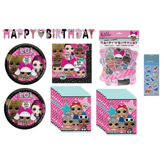 LOL Surprise Birthday Party Supplies Bundle includes 16 Paper Plates 9", 16 Napkins, 1 Happy Birthday Banner, 16 Favor Loot Bags, 1 Dinosaur Sticker Sheet