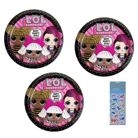 L.O.L Surprise Birthday Party Supplies Bundle includes 24 Paper Plates 9", 1 Dinosaur Sticker Sheet