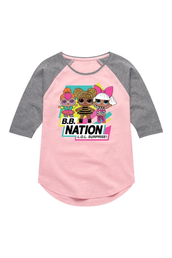 LOL Surprise! Dolls - B.B. Nation - Queen Bee, Neon QT, & Deva - Toddler & Youth Girls Raglan Graphic T-Shirt