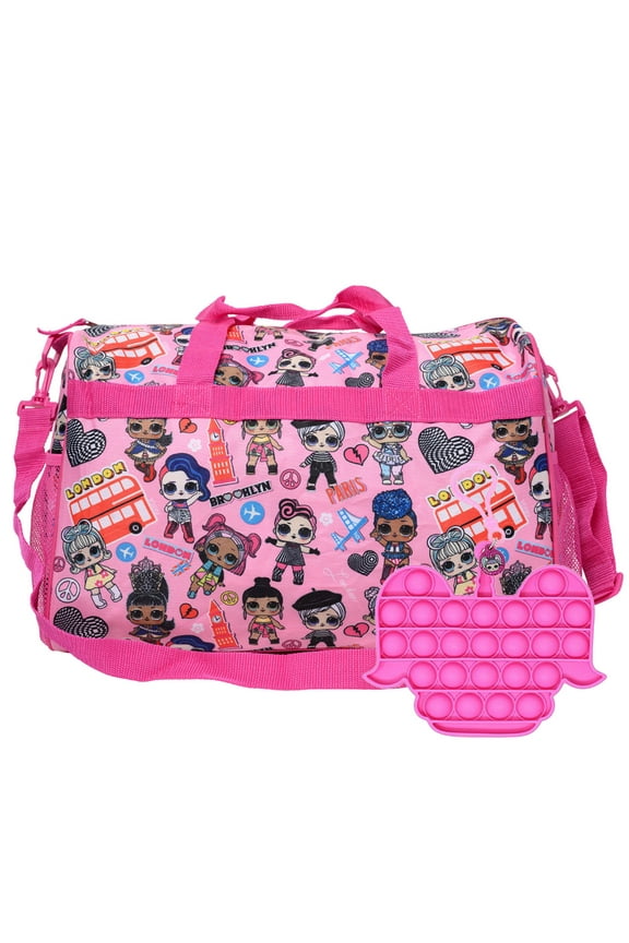 LOL Surprise Duffel Bag 16" Travel Carry-On & Push Pop Fidget Clip Keychain Set