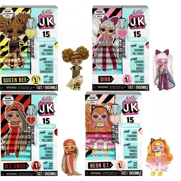 LOL Surprise JK Queen Bee, Diva, Swag & Neon QT Set of 4 Mini Fashion Dolls